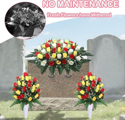 Lodou Artificial Cemetery Flower Saddles for Graves, Cemetery Memorial Flowers with Vase and 2 Memorial Bouquets for Grave Tombstone,Outdoor Grave Saddle Headstone Decorations (Pink White) in Kuwait