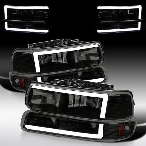 Autozensation متوافق مع 1999-2002 Chevy Silverado 2000-2006 Tahoe Suburban، مجموعة المصابيح الأمامية اليسرى + اليمنى، مصابيح أمامية LED بدخان أسود + مصابيح ممتصة للصدمات in Kuwait
