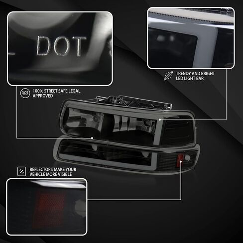 Autozensation متوافق مع 1999-2002 Chevy Silverado 2000-2006 Tahoe Suburban، مجموعة المصابيح الأمامية اليسرى + اليمنى، مصابيح أمامية LED بدخان أسود + مصابيح ممتصة للصدمات in Kuwait