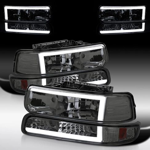 Autozensation متوافق مع 1999-2002 Chevy Silverado 2000-2006 Tahoe Suburban، مجموعة المصابيح الأمامية اليسرى + اليمنى، مصابيح أمامية LED بدخان أسود + مصابيح ممتصة للصدمات in Kuwait