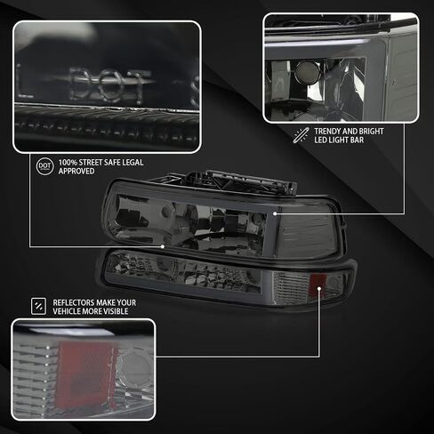 Autozensation متوافق مع 1999-2002 Chevy Silverado 2000-2006 Tahoe Suburban، مجموعة المصابيح الأمامية اليسرى + اليمنى، مصابيح أمامية LED بدخان أسود + مصابيح ممتصة للصدمات in Kuwait