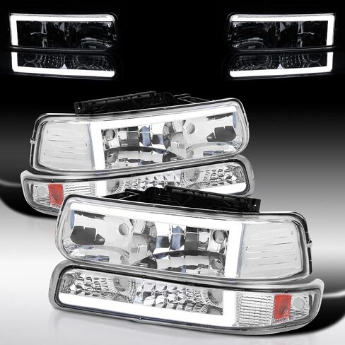 Autozensation متوافق مع 1999-2002 Chevy Silverado 2000-2006 Tahoe Suburban، مجموعة المصابيح الأمامية اليسرى + اليمنى، مصابيح أمامية LED بدخان أسود + مصابيح ممتصة للصدمات in Kuwait