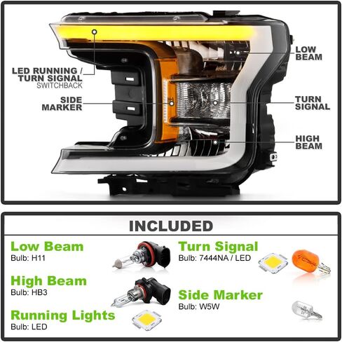 ACANII - لـ [طراز الهالوجين] 2018-2020 Ford F150 Pickup أنبوب LED أسود مفاتيح إشارة المصابيح الأمامية المصابيح الأمامية يسار + يمين in Saudi Arabia