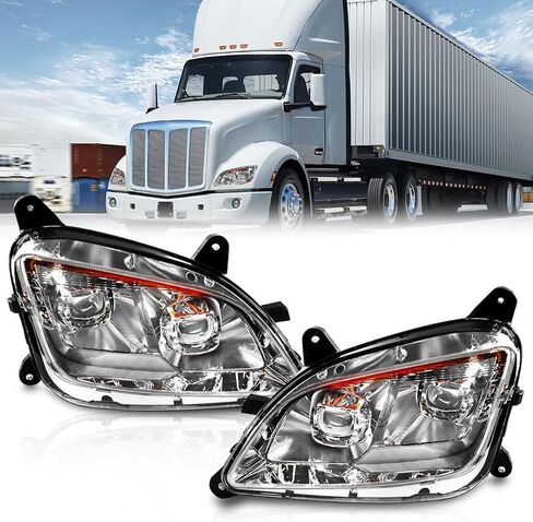 Fit for 2011-2023 Peterbilt 579 587 Class 8 Truck LED Headlight Headlamp Chrome Housing Assembly Replacement Left (Chrome, Pair) in Kuwait