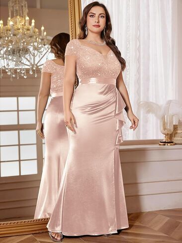 MISSMAY Women's Plus Size V Neck Sequin Lace with Satin Ruffle Trim Slit Mermaid Hem Evening Party Fomal Dress in Saudi Arabia