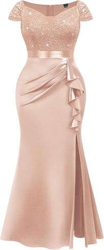 MISSMAY Women's Plus Size V Neck Sequin Lace with Satin Ruffle Trim Slit Mermaid Hem Evening Party Fomal Dress in Saudi Arabia