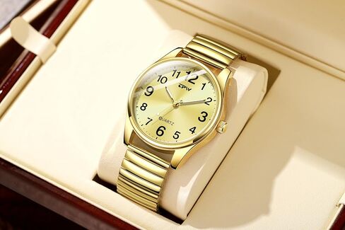 Gosasa Small Gold Watches for Women Easy-to-Read Large Number Dial Waterproof Stainless Steel Bracelet Expansion Band Classic Analog Wrist Watch for Seniors in Saudi Arabia