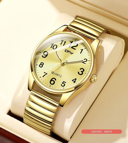 Gosasa Small Gold Watches for Women Easy-to-Read Large Number Dial Waterproof Stainless Steel Bracelet Expansion Band Classic Analog Wrist Watch for Seniors in Saudi Arabia