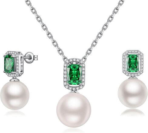 12MM White Pearl Jewelry Set for Women, Sterling Silver Halo Stud Earrings Emerald Cut Simulated Diamond Dangle Pendant Necklace in Saudi Arabia