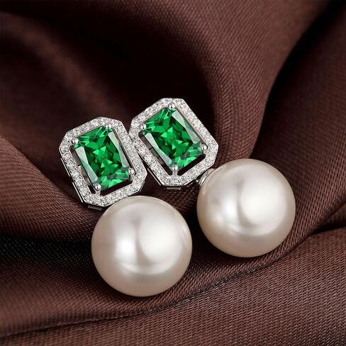 12MM White Pearl Jewelry Set for Women, Sterling Silver Halo Stud Earrings Emerald Cut Simulated Diamond Dangle Pendant Necklace in Saudi Arabia