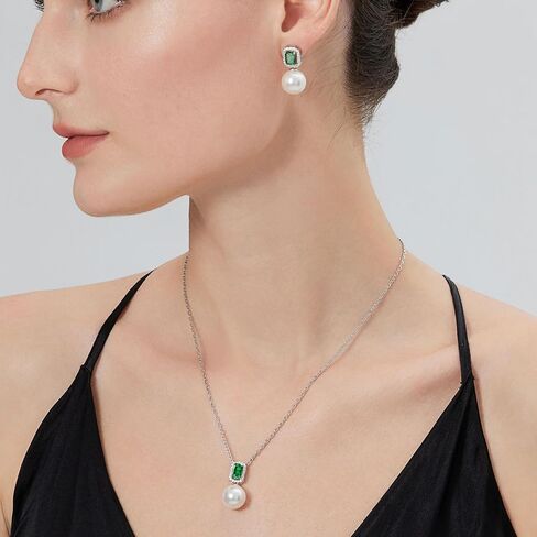 12MM White Pearl Jewelry Set for Women, Sterling Silver Halo Stud Earrings Emerald Cut Simulated Diamond Dangle Pendant Necklace in Saudi Arabia