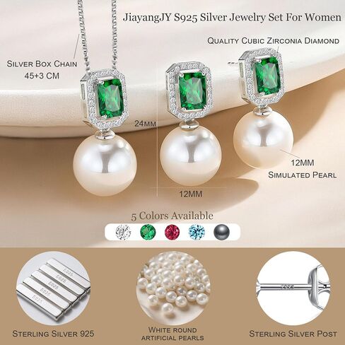 12MM White Pearl Jewelry Set for Women, Sterling Silver Halo Stud Earrings Emerald Cut Simulated Diamond Dangle Pendant Necklace in Saudi Arabia