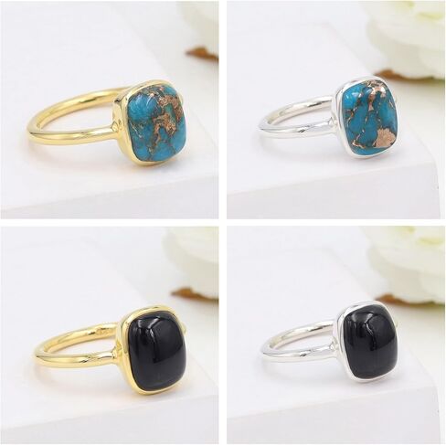 925 فضة أونيكس أسود | خاتم سوليتير نحاسي فيروزي للنساء، شكل وسادة 8 × 10 ملم، خاتم حجر كريم مقاس 5 إلى 10 in Kuwait