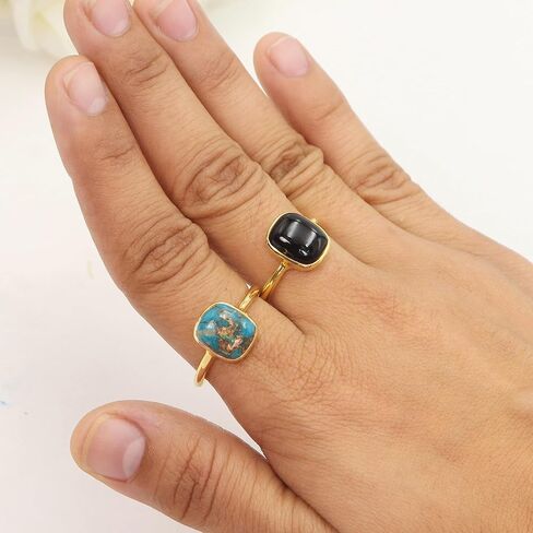 925 فضة أونيكس أسود | خاتم سوليتير نحاسي فيروزي للنساء، شكل وسادة 8 × 10 ملم، خاتم حجر كريم مقاس 5 إلى 10 in Kuwait