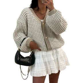 SISKIN Cardigan Sweaters for Women 2025, Button-Up V-Neck Waffle Knit Balloon Sleeve Oversized Cardigan in Kuwait