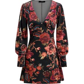 CIDER Velvet Mini Dress Floral Print Long Sleeve V Neck Middle Waist Party Cocktail Elegant Dress in Kuwait
