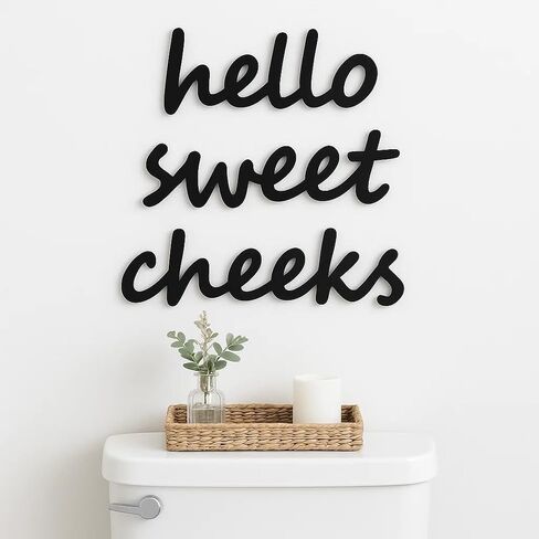 Hello Sweet Cheeks Wall Decor – Funny Rustic Wooden Sign for Restroom or Toilet – Boho Farmhouse Style Picture Plaque for Home or Apartment (Black) in Saudi Arabia