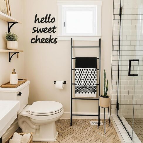 Hello Sweet Cheeks Wall Decor – Funny Rustic Wooden Sign for Restroom or Toilet – Boho Farmhouse Style Picture Plaque for Home or Apartment (Black) in Saudi Arabia