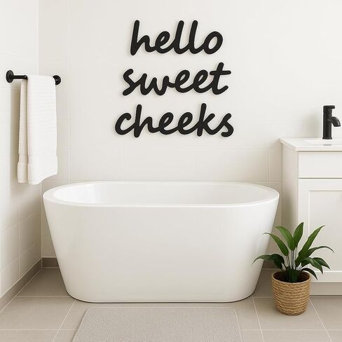 Hello Sweet Cheeks Wall Decor – Funny Rustic Wooden Sign for Restroom or Toilet – Boho Farmhouse Style Picture Plaque for Home or Apartment (Black) in Saudi Arabia