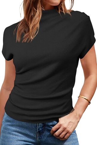 Arach&Cloz Women's Ruched Summer Tops Mock Neck Cap Sleeve Slim Fit Blouses 2026 in Saudi Arabia