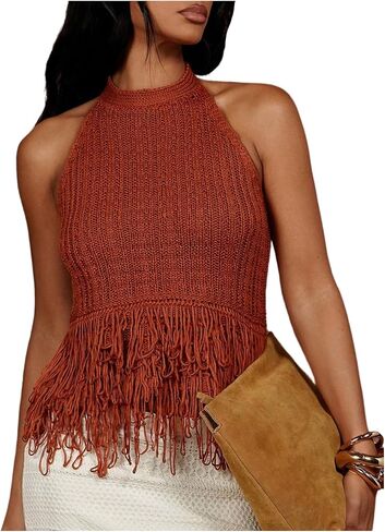 SweatyRocks Women's Fringe Halter Tops Sleeveless Open Back Summer Knit Crochet Tank Top in Saudi Arabia