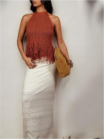 SweatyRocks Women's Fringe Halter Tops Sleeveless Open Back Summer Knit Crochet Tank Top in Saudi Arabia