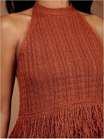 SweatyRocks Women's Fringe Halter Tops Sleeveless Open Back Summer Knit Crochet Tank Top in Saudi Arabia