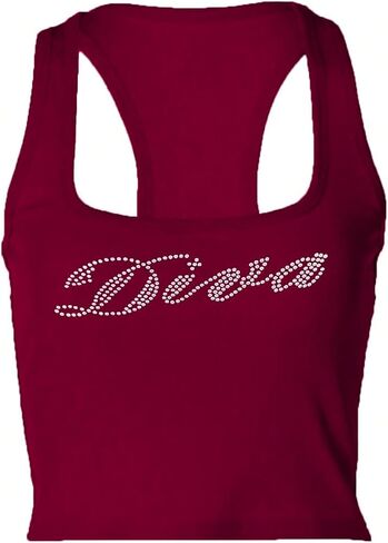 SHENHE Women's Ribbed Knit Rhinestone Letter Print Racerback Y2k Crop Tank Top in Saudi Arabia