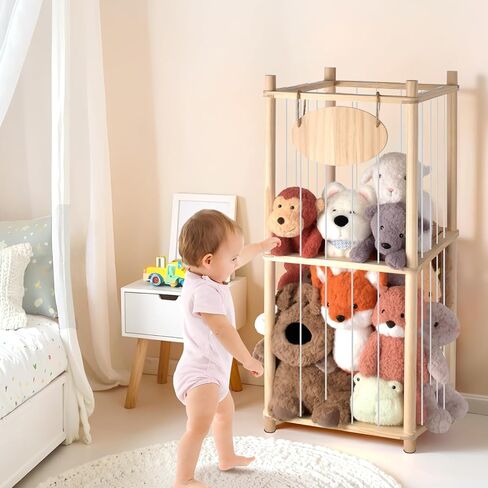 Stuffed Animal Storage Organizer - Thick Wooden Toy Zoo for Playroom & Bedroom, Large Plushies Holder with Cute Jail Cage Design, Plush Toy Display Tower Shelf in Kuwait