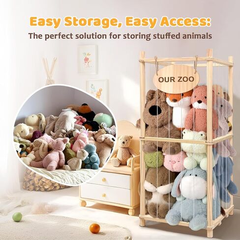 Stuffed Animal Storage Organizer - Thick Wooden Toy Zoo for Playroom & Bedroom, Large Plushies Holder with Cute Jail Cage Design, Plush Toy Display Tower Shelf in Kuwait