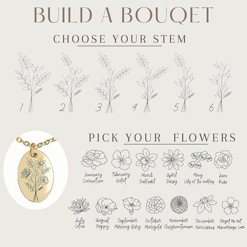 Mother's Day Birth Flower Name Necklace Personalized 18K Gold Plated Birth Month Flower Necklace Dainty Flower Necklace Custom Jewelry Birthday Gift for Women in Saudi Arabia