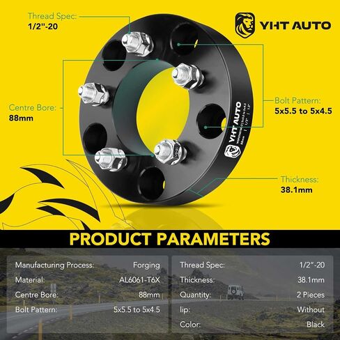 YHTAUTO 5x5.5 to 5x4.5 Wheel Adapters 1.5 inch Fits Ram 1500 1994-2001 & Ford F-150 Bronco 1992-1996, E-150 Econoline 1992-2006, 5 Lug Forged Tire Adapters 1/2"-20 & 12.9 Studs, 88mm Center Bore, 4PCS in Saudi Arabia
