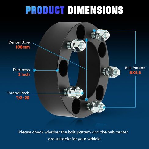 Youxmoto 4PCS 5X5.5 2inch Wheel Spacers 108mm Center Bore Fit for Dodge Ram 1500 B1500 D150 Ramcharger W150 E150 F100 F150 CJ3 CJ5 CJ6 CJ7, 5x139.7mm Wheel Adapters with 1/2-20 Studs in Saudi Arabia