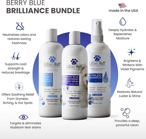 Lillian Ruff PRO Formula Berry Blue Brightening Pet Shampoo - Ultra-Hydrating Professional Whitening Dog Shampoo, Vivid Show-Quality Coat Enhancer, Tear Stain & Odor Eliminator With ProVitamin B5 16oz in Saudi Arabia