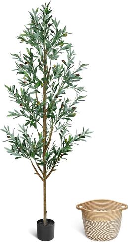 Faux Olive Tree 6ft, Olive Trees Artificial Indoor with Planter and Basket, Tall Fake Tree with Realistic Leaves and Fruits for Home Living Room Bedroom Outdoor Decor in Saudi Arabia
