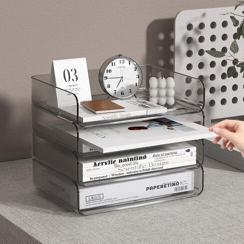 2-Tier Paper Tray Desk Organizer,Paper Organizer with a Pen Holder,Stackable Paper Tray,paper Organizer Paper Tray for File,Paper,Letter,Books,Paper Folder(Clear) in Kuwait