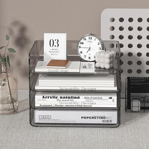 2-Tier Paper Tray Desk Organizer,Paper Organizer with a Pen Holder,Stackable Paper Tray,paper Organizer Paper Tray for File,Paper,Letter,Books,Paper Folder(Clear) in Kuwait