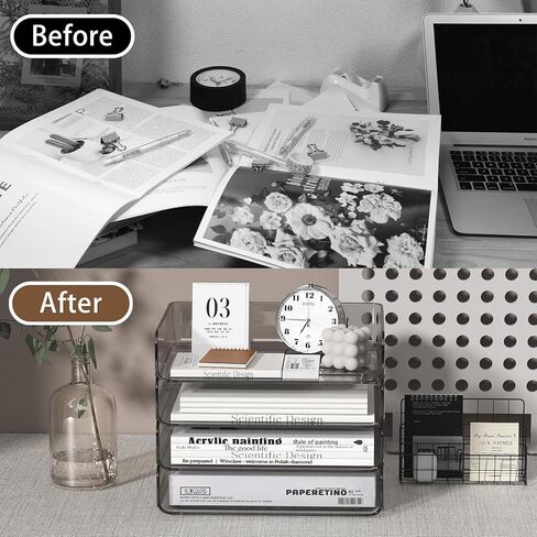 2-Tier Paper Tray Desk Organizer,Paper Organizer with a Pen Holder,Stackable Paper Tray,paper Organizer Paper Tray for File,Paper,Letter,Books,Paper Folder(Clear) in Kuwait