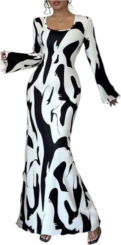 Floerns Women's Graphic Bell Sleeve Long Dresses Square Neck Fishtail Evening Party Dresses in Saudi Arabia