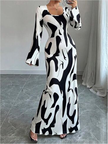 Floerns Women's Graphic Bell Sleeve Long Dresses Square Neck Fishtail Evening Party Dresses in Saudi Arabia