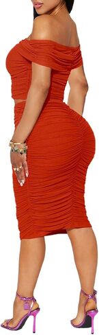 مجموعة تنورة HESUUIO النسائية المثيرة المكونة من قطعتين من القماش الشبكي بدون أكتاف ضيقة ومكشكشة متوسطة الطول لحفلات الكوكتيل ولباس النادي in Kuwait