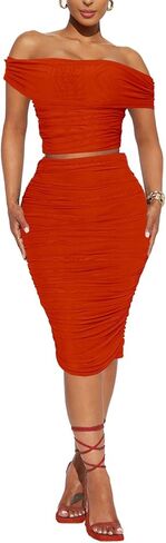 مجموعة تنورة HESUUIO النسائية المثيرة المكونة من قطعتين من القماش الشبكي بدون أكتاف ضيقة ومكشكشة متوسطة الطول لحفلات الكوكتيل ولباس النادي in Kuwait