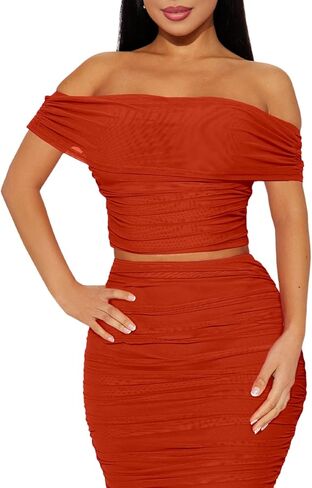 مجموعة تنورة HESUUIO النسائية المثيرة المكونة من قطعتين من القماش الشبكي بدون أكتاف ضيقة ومكشكشة متوسطة الطول لحفلات الكوكتيل ولباس النادي in Kuwait