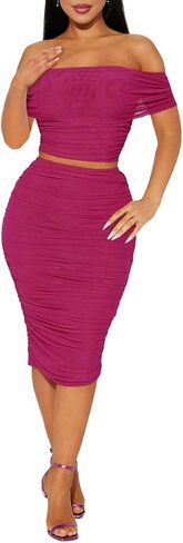 HESUUIO Women's Sexy Two Piece Skirt Set Mesh Off Shoulder Bodycon Ruched Midi Cocktail Party Dress Club Outfit in Saudi Arabia