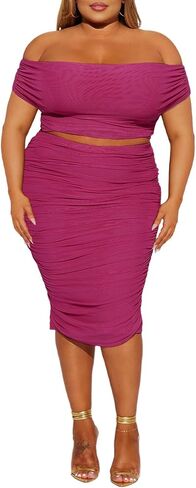 HESUUIO Women's Sexy Two Piece Skirt Set Mesh Off Shoulder Bodycon Ruched Midi Cocktail Party Dress Club Outfit in Saudi Arabia
