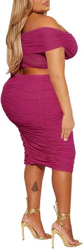 HESUUIO Women's Sexy Two Piece Skirt Set Mesh Off Shoulder Bodycon Ruched Midi Cocktail Party Dress Club Outfit in Saudi Arabia