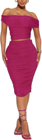 HESUUIO Women's Sexy Two Piece Skirt Set Mesh Off Shoulder Bodycon Ruched Midi Cocktail Party Dress Club Outfit in Saudi Arabia