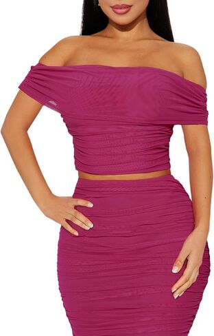 HESUUIO Women's Sexy Two Piece Skirt Set Mesh Off Shoulder Bodycon Ruched Midi Cocktail Party Dress Club Outfit in Saudi Arabia