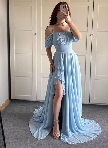Off The Shoulder Chiffon Bridesmaid Dresses Spaghetti Straps Corset A-Line Black Formal Dress with Slit in Saudi Arabia