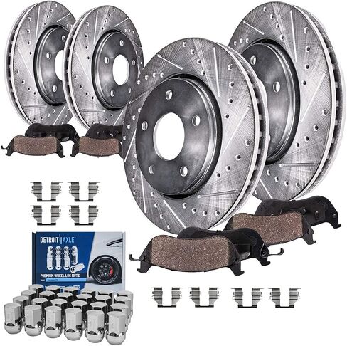 Detroit Axle - Brake Kit for 2013-2018 Ram 1500 Drilled & Slotted Disc Brake Rotors Ceramic Brakes Pads 24pc Wheel Lug Nuts 2014 2015 2016 2017 Front & Rear Replacement in Saudi Arabia